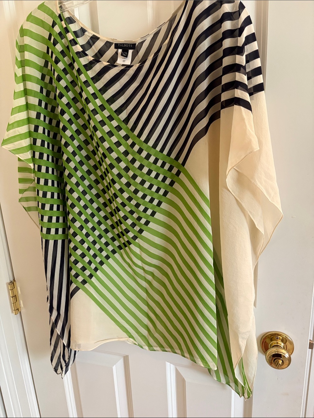 Talbots Black, Cream & Lime Green Flowy Striped Silk Top/Tunic